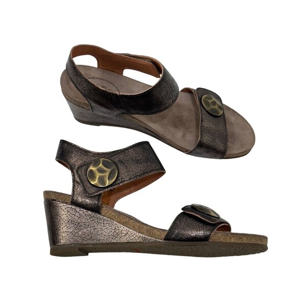 Taos Brown metallic Crackle Leather Adjustable Strap Women Wedge Sandals Size 40 - Picture 8 of 15